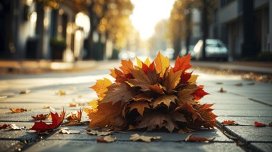 A bouquet of vibrant autumn leaves lays on the pavement, showcasing hues of orange, red, and yellow
