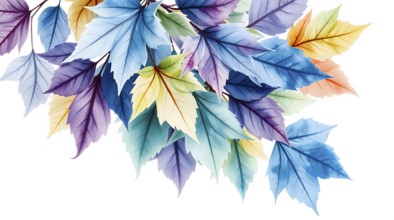 Delicate watercolor artwork featuring a bouquet of autumn leaves showcasing vibrant blues, greens,