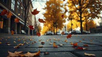 Bright autumn leaves swirl through the air along a cobblestone street lined with trees showcasing