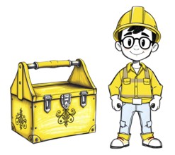 A cartoon style construction worker is depicted in a full-length pencil sketch, wearing a bright