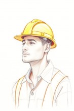 Construction worker with a yellow hard hat and safety vest, showcasing his focus and determination