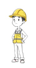 Cartoonish construction worker boy in a yellow hard hat and vest is depicted standing with hands on