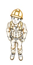 A cartoon construction worker, wearing a yellow safety hat and sturdy clothing, stands with hands