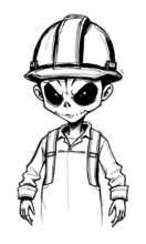 Hand drawn pencil sketch of a cartoonish monster, zombie, or alien construction worker with an