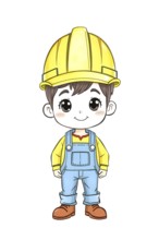 Hand-drawn pencil sketch of an adorable cartoon construction worker wearing a yellow hard hat and