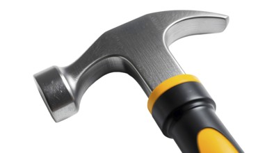 A detailed view showcasing a claw hammer featuring a shiny metallic head and a rubber handle with