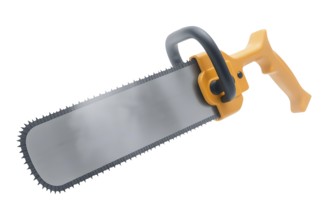 Classic handsaw with a shiny steel blade and a bright yellow handle, ergonomic design, on a white