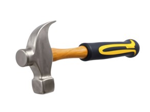 A claw hammer featuring a metal head and a sturdy wooden handle wrapped in rubber for comfort is
