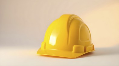 A bright yellow construction hard hat sits against a light background, illuminated by studio