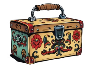 Cartoon vintage toolbox featuring vibrant colors and intricate retro floral design. AI generated