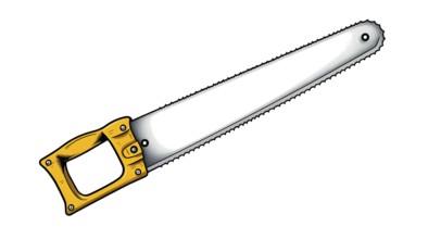Hand drawn sketch of a cartoonish classic handsaw with yellow handle and sharp steel blade on white