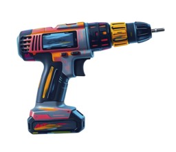 A colorful drawing of a cordless drill against a white backdrop. AI generated