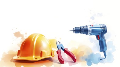 Construction helmet, pliers, and a drill, blended together in a vibrant watercolor style,
