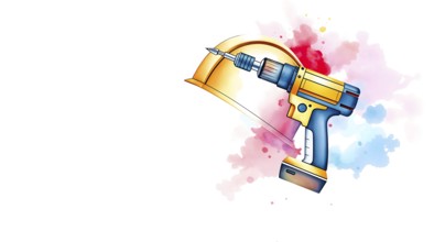 Vibrant watercolor artwork showcases a construction helmet alongside a drill. The composition