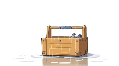 A cartoon wooden toolbox in a puddle is opened on a white background, showing various tools as rain