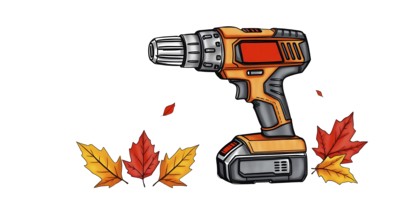 A cordless drill against a white background, surrounded by vibrant autumn leaves. AI generated