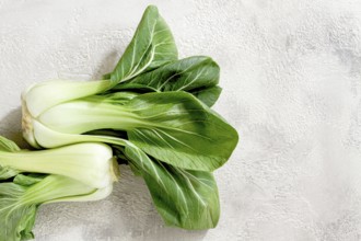 Fresh bok choy, laid out on a light gray surface, top view, natural light