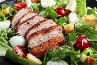 Caesar salad, with duck breast, on a black plate, on a light background, homemade, no people