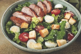 Caesar salad, with duck breast, on a green plate, homemade, no people