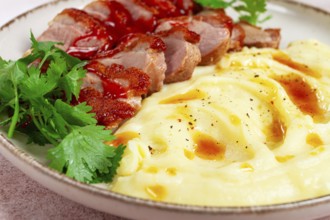 Roast duck breast, sliced with mashed potatoes, on a white plate, close-up, no people