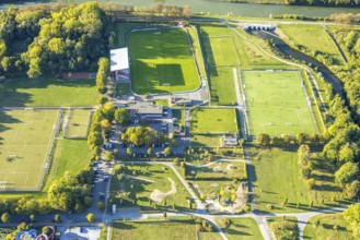 Aerial view, Sportzemtrum Ost Hammer SpVg 03/04 e.V., training games and shadows cast by the