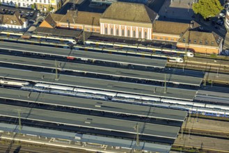 Aerial view, central station and covered platforms, station building, centre, Hamm, Ruhr area,