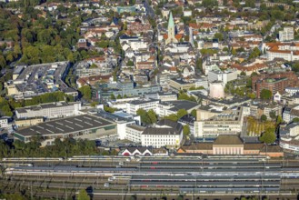 Aerial view, city centre view with evang. St. Paul's Church, city festival with Ferris wheel,