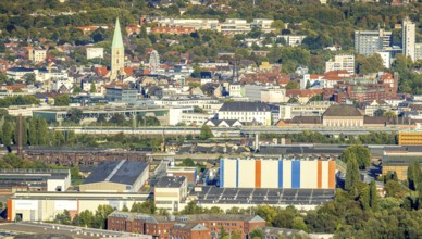 Aerial view, harbour with Voestalpine Boeler and view to the city with St. Paul's Church, district