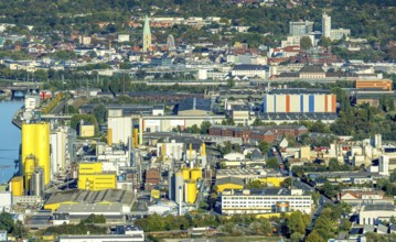 Aerial view, harbour with Brökelmann oil mill and view to the city with St. Paul's church, district