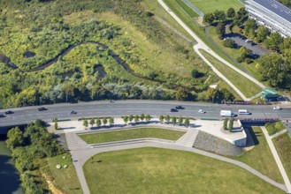 Aerial view, floodplain park with viewing platform, Münsterstraße federal road B63, centre, Hamm,