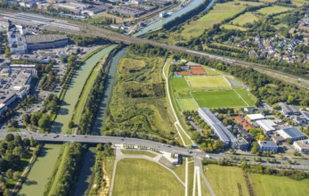 Aerial view, Auenpark with viewing platform Erlebensraum Lippeaue, Münsterstraße Bundesstraße B63,