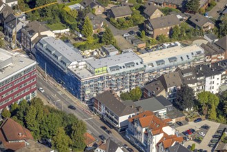 Aerial view, senior citizens' campus construction site with new building on the corner of Werler