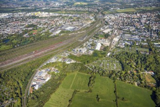 Aerial view, marshalling yard Hamm, industrial area Östingstraße, view to the harbour, railway