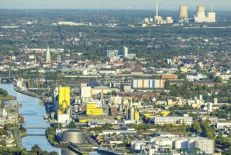Aerial view, harbour with Voestalpine Boeler and view to the city with St. Paul's Church, behind