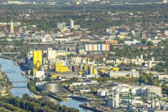 Aerial view, harbour with Voestalpine Boeler and view to the city with St. Paul's Church, district