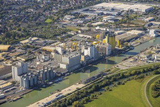 Aerial view, harbour area, Brökelmann und Co. oil mill in the harbour at the Datteln-Hamm canal,