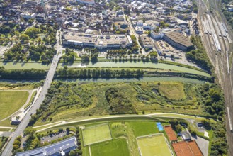 Aerial view, Allee-Center shopping centre at the Datteln-Hamm canal and river Lippe, bridge