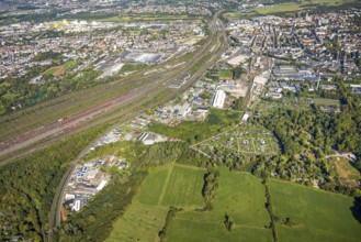 Aerial view, marshalling yard Hamm, industrial area Östingstraße, view to the harbour, railway