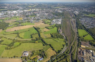 Aerial view, Hamm marshalling yard, Schieferstraße industrial estate with a view of the harbour and