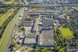 Aerial view, harbour at the Datteln-Hamm canal, industrial area Hafenstraße and Dortmunder Straße,
