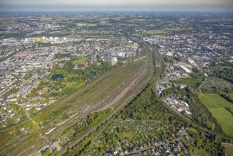 Aerial view, Hamm marshalling yard, view of Hamm main station, harbour and city centre, Hamm