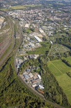 Aerial view, commercial area Östingstraße and view to the main railway station with city centre,