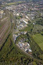Aerial view, commercial area Östingstraße and view to the main railway station with city centre,