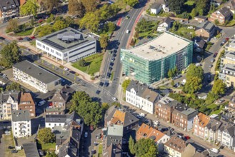Aerial view, Städtische Musikschule Hamm, covered building and construction site with new building,