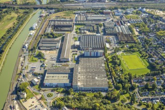 Aerial view, harbour at the Datteln-Hamm canal, industrial area Hafenstraße and Dortmunder Straße,