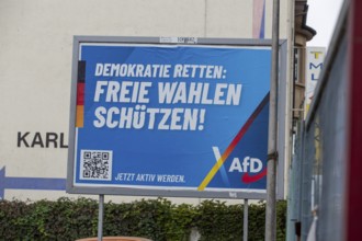AfD poster in Ludwigshafen with the text DEMOKRATIE RETTEN, FREIE WAHLEN SCHÜTZEN. The city's