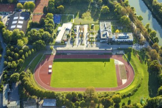 Aerial view, Jahnstadion football stadium, rehabilitation centre Bad Hamm, centre, Hamm, Ruhr area,