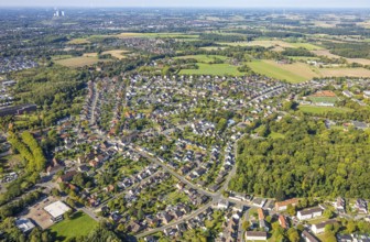 Aerial view, residential area, view of Heessen district with sports centre, Heessen district, Hamm,
