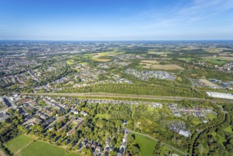 Aerial view, residential area Am Heimshof, housing estate Sachsenring, railway line, district