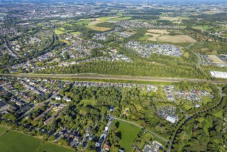 Aerial view, residential area Am Heimshof, railway line and forest area, new construction